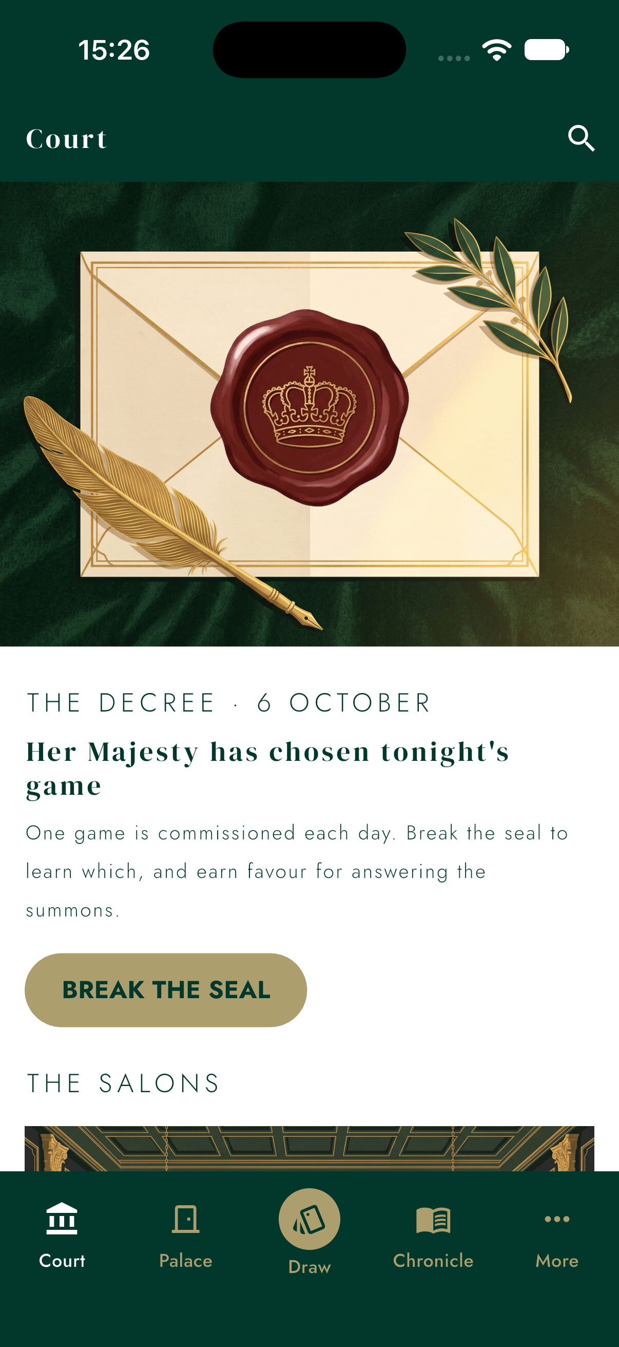 The Court tab with the day's decree still sealed
